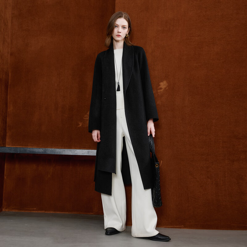 Tricolor 100 sheep wool 2025 winter new double-sided woolen coat long woolen coat minimalist S classic black S 155/80A