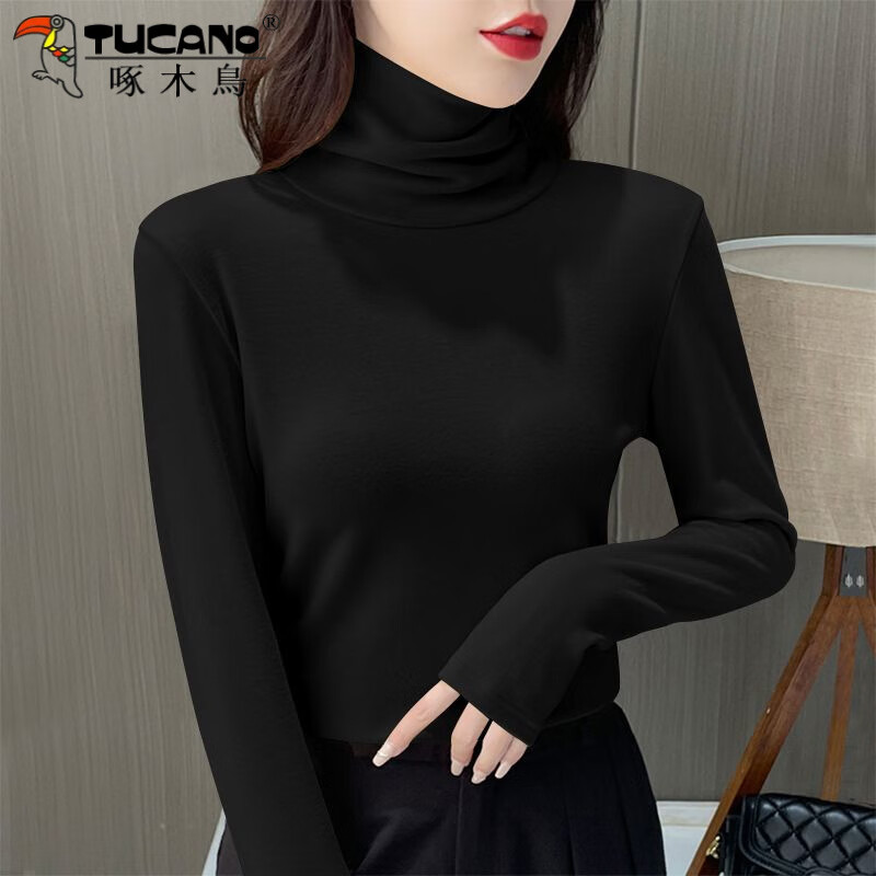 Woodpecker double-sided German velvet turtleneck warm thickened bottoming shirt for women autumn and winter new style versatile pile collar long-sleeved top black high quality 4XL recommended 155-170 pounds