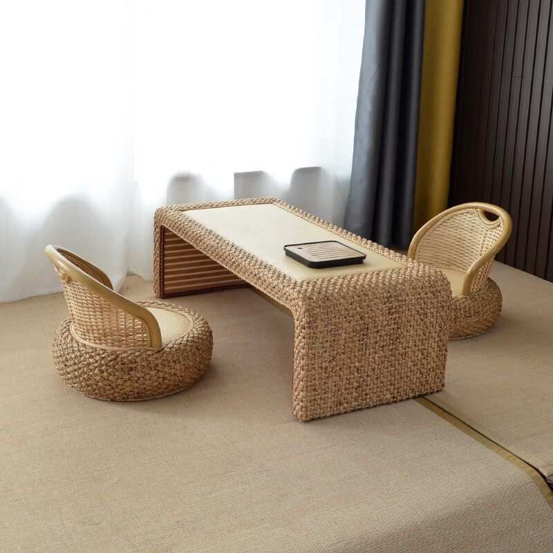 Shantou Lincun rattan tatami tea table bay window small coffee table kang table and room table Japanese three-piece table sitting floor low table home small table 80*50*38 fully equipped