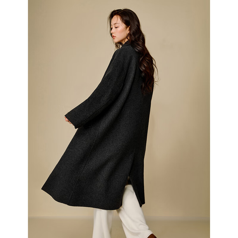 Inman alpaca mulberry silk double-sided woolen coat 2025 winter women's new long woolen coat high-end black M