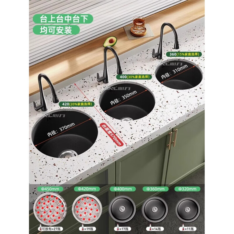 Jiumuwang Quartz Stone Round Sink Single Slot Bar Island Kitchen Small Size Western Kitchen Granite Wash Basin Under the Washing Counter Starry Night Black 32*32 with Prussian Hot and Cold Dragon