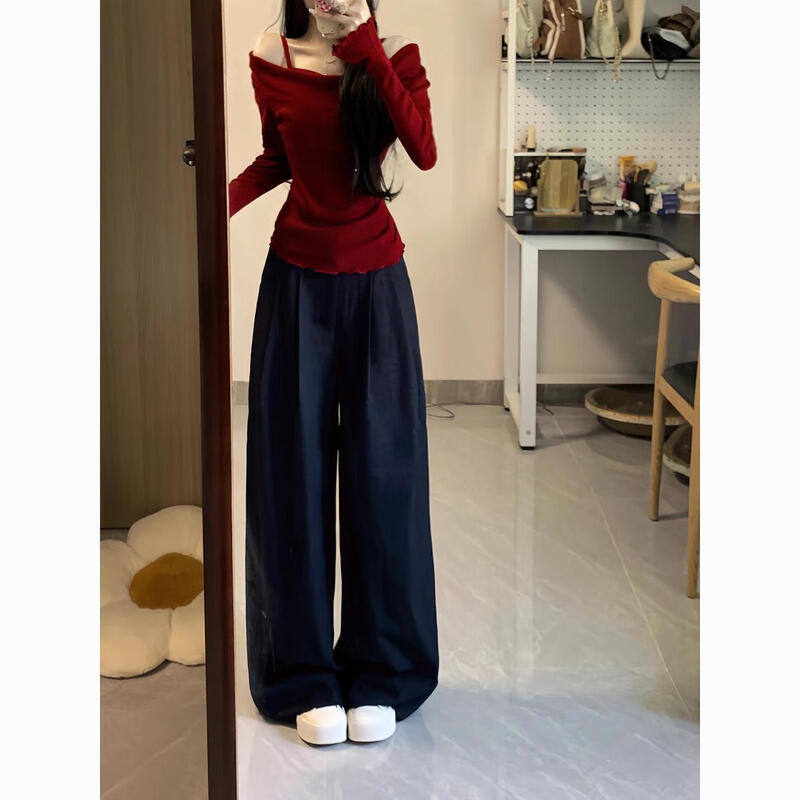Taoyiyou pure lust style sweet fake two-piece one-shoulder knitted bottoming shirt for women in autumn slimming design off-the-shoulder top red S