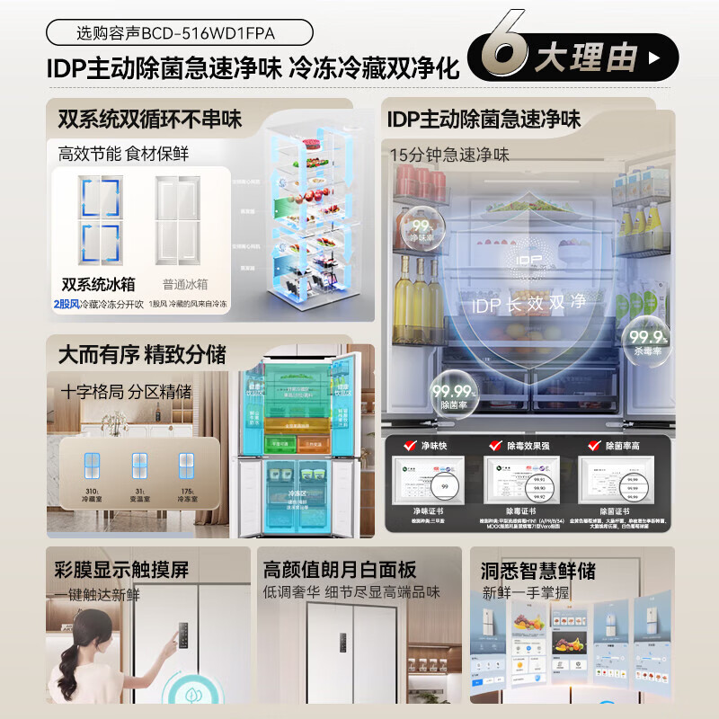 Rongsheng 516-liter double-clean double-cross door refrigerator household first-class energy efficiency air-cooled frost-free frequency conversion independent double-cycle refrigeration and freezing large capacity BCD-516WD1FPA white active purification and sterilization
