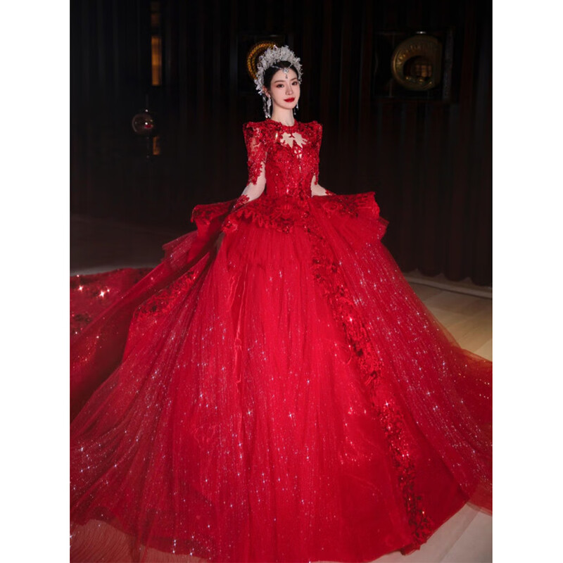 Wei Lian Meng Lan Red Main Wedding Dress 2025 New Bride V-Neck Outer Veil Large Trailing Heavy Industry Small Long Sleeve Trailing (veil glove support) L
