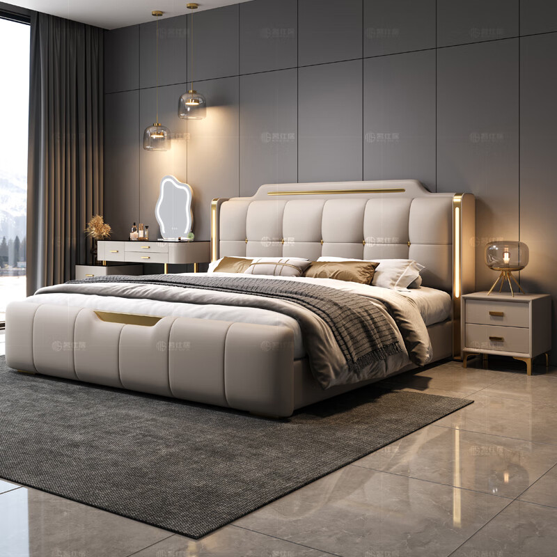 Mingshiju Italian style light luxury leather bed master bedroom double bed 1.8m x 2m soft bed 656# 1.8m + latex mattress