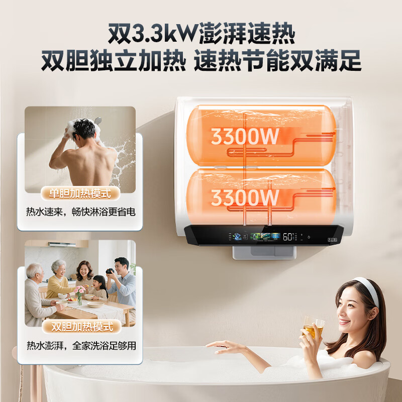 Haier Mailang series electric water heater, state-subsidized double-gallon flat barrel 60 liters BK5PLUS BK5 upgraded strontium-rich small blue bottle without magnesium rod 3300W fast heating first-class energy efficiency