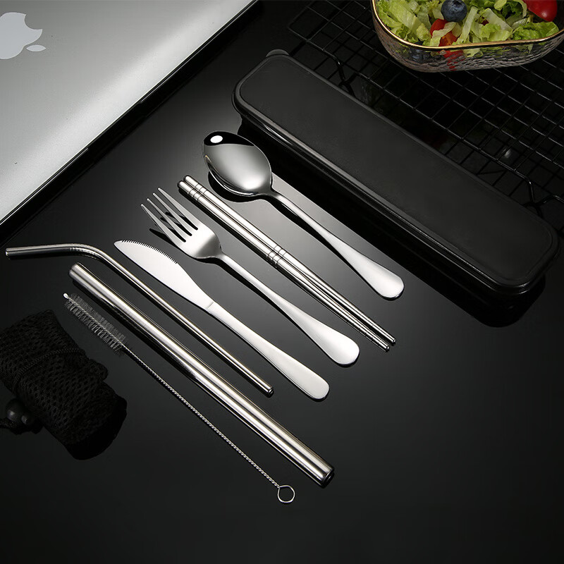 Vinoa stainless steel spoons, forks, chopsticks, knives, straws, cutlery set, gift set, student milk tea, straws, cutlery, 1 pair of chopsticks, stainless steel material