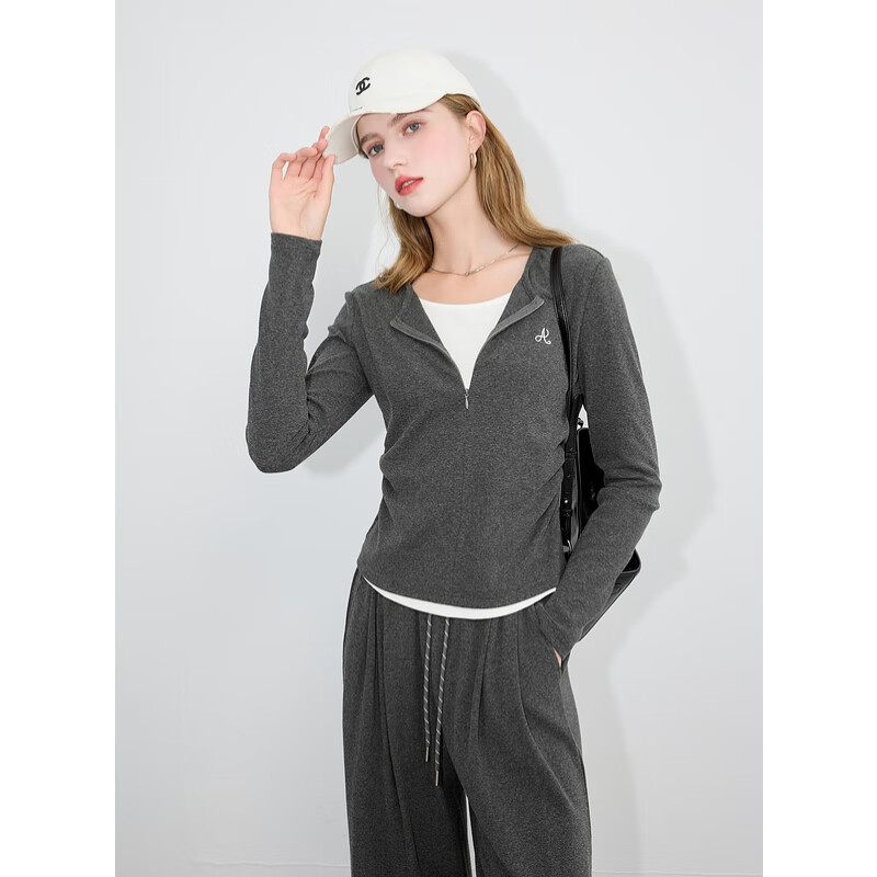 Sancai 2025 autumn new two-piece casual suit fake two-piece embroidered pullover straight pants simple M