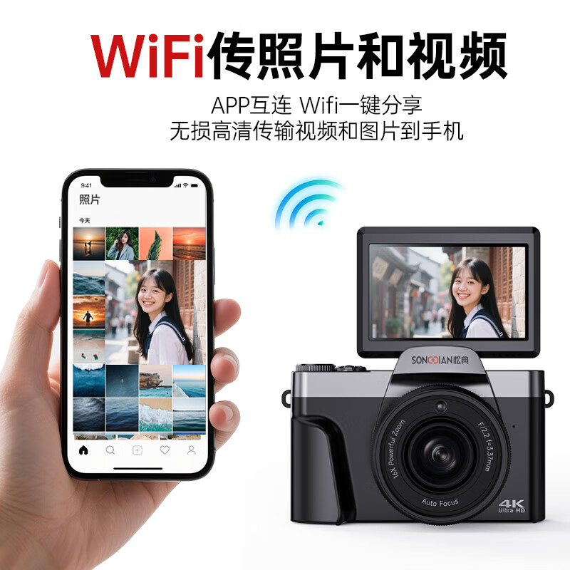 Songdian DC103W high-definition digital camera, flat CCD student party can upload to mobile phone, professional entry-level small mirrorless vlog photography retro camera, white, official standard + 32G memory, approximately 3,000 photos stored