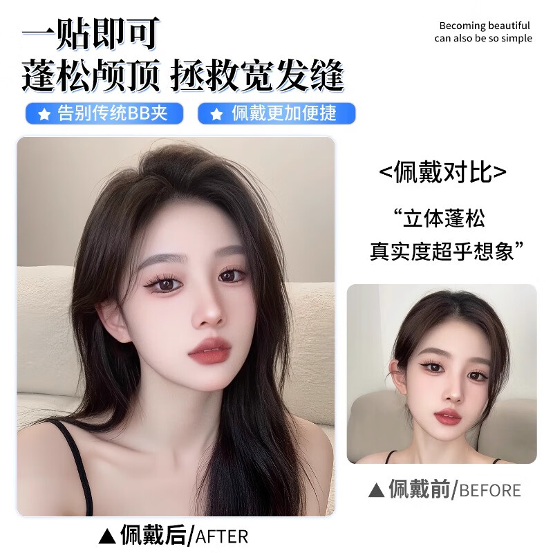 Qiansiya No Need to Hairpin Velcro Wig Women's Top Hair Replacement Fluffy Skull Top Natural Forehead Real Hair Bangs Replacement Full Head Coverage-Remove the Sticker 7*11 Natural Color Eight-Character Style 27CM