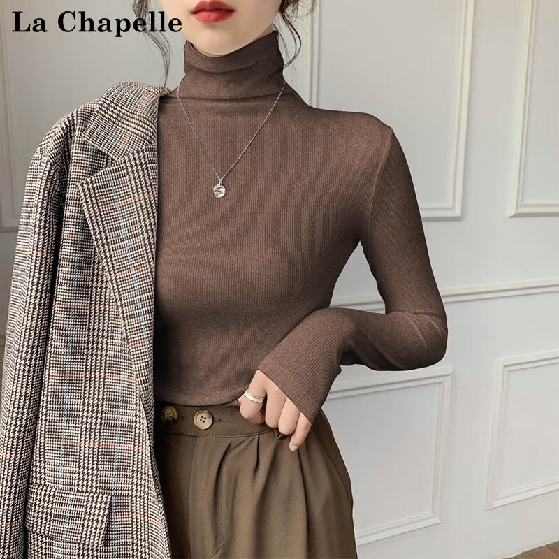 La Chapelle turtleneck bottoming shirt for women, autumn and winter new threaded thin tight long-sleeved knitted top, black S