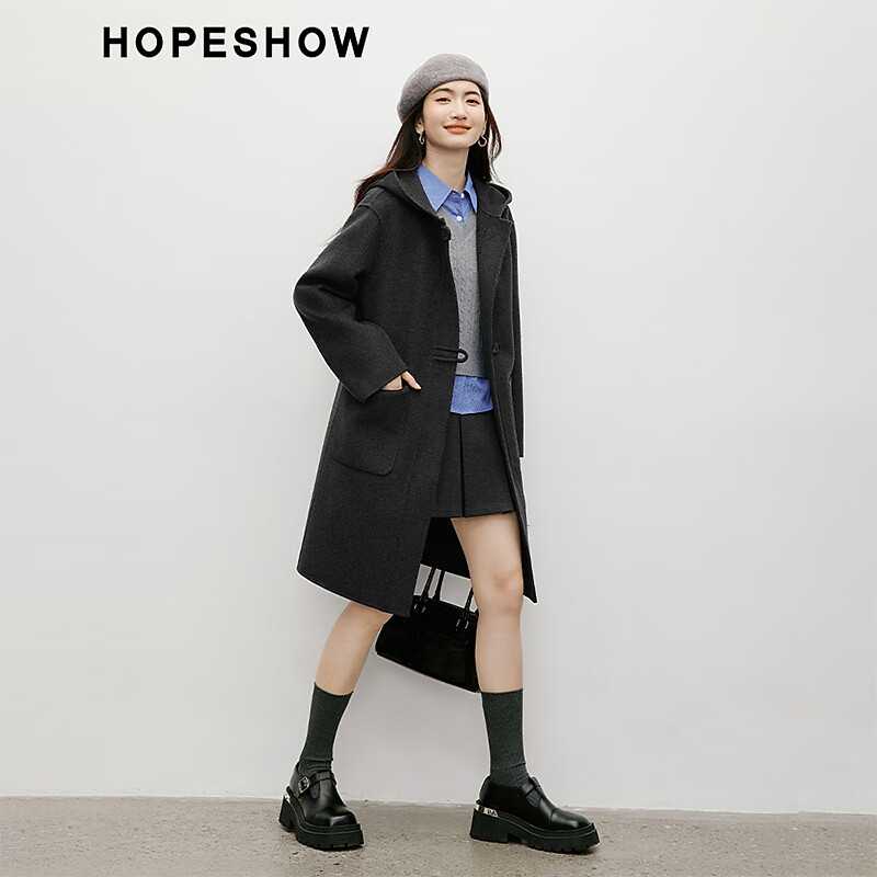 Red sleeve MIU college style woolen coat 2025 winter new women's hooded temperament mid-length double-sided woolen coat dark gray 080 XS