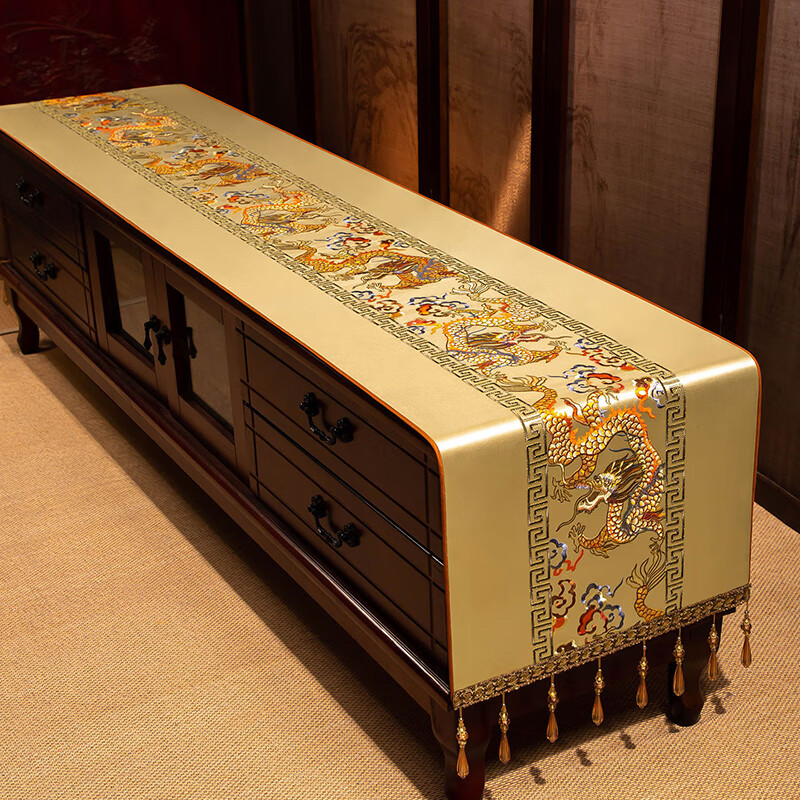 Yiboqiantang New Chinese Zen Coffee Table Tablecloth Chinese Style TV Cabinet Decorative Cover Cloth Rectangular Dining Table Sideboard Dustproof Cloth Nine Heavens Feilong Emperor Yellow High Precision/Waterproof Cabinet Cloth 40*200cm (Applicable table length 1.5-1.6m)