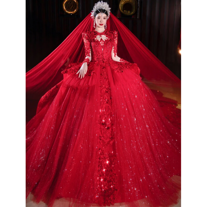 Wei Lian Meng Lan Red Main Wedding Dress 2025 New Bride V-Neck Outer Veil Large Trailing Heavy Industry Small Long Sleeve Trailing (veil glove support) L