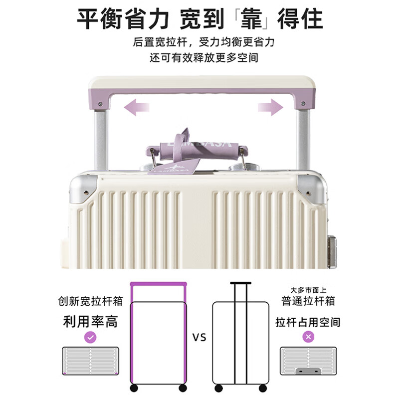 Yixuan wide trolley suitcase for women, good-looking, aluminum frame, large capacity, 24-inch deep storage password box, men's thickened contrasting suitcase, white & purple, leather handle + balanced wide trolley + PU skate wheels, 20-inch boarding suitcase, four wheels - single short distance/business trip - closed lining