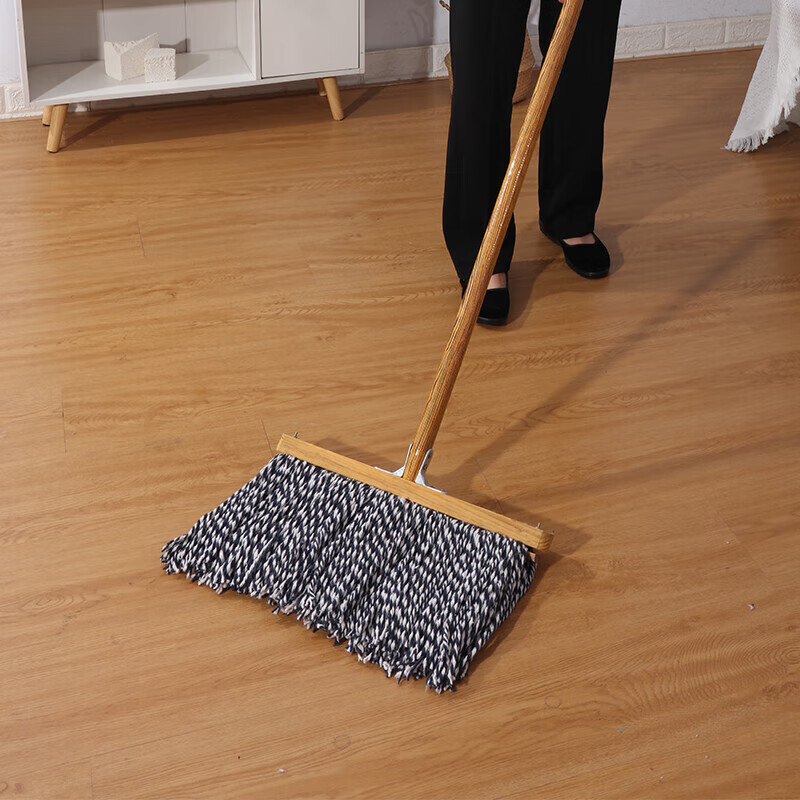 Wood pole industrial mop, old-fashioned round head mop, absorbent cotton thread, wet and dry public toilet cleaning factory supermarket, white line enlarged round head mop