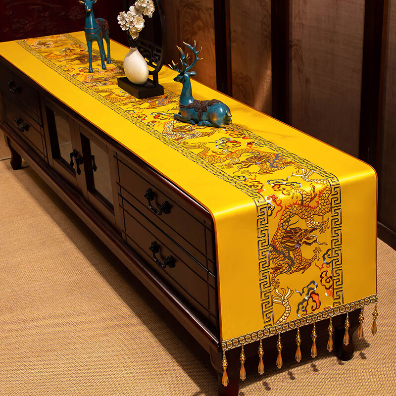Yiboqiantang New Chinese Zen Coffee Table Tablecloth Chinese Style TV Cabinet Decorative Cover Cloth Rectangular Dining Table Sideboard Dustproof Cloth Nine Heavens Feilong Emperor Yellow High Precision/Waterproof Cabinet Cloth 40*200cm (Applicable table length 1.5-1.6m)
