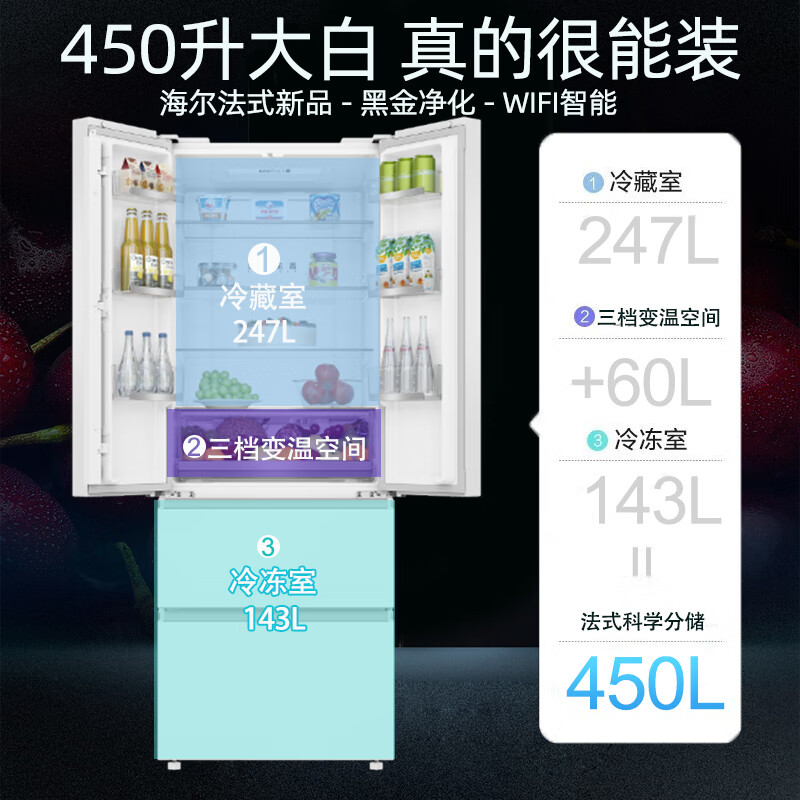 Haier refrigerator 450 liter French multi-door ultra-thin embedded first-class energy efficiency dual-frequency air-cooled frost-free black gold purification household BCD-450WGHFDEDW9U1 trade-in