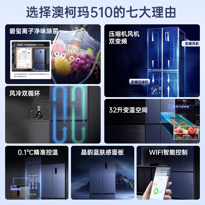 AUCMA 510-liter cross-door four-door refrigerator air-cooled, frost-free, first-class energy efficiency, dual-frequency purification refrigerator, deodorizing and sterilizing household large capacity BCD-510WPNE