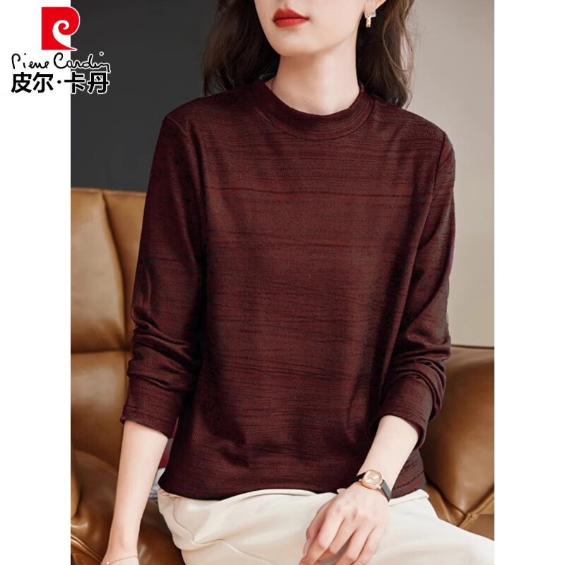 Pierre Cardin German velvet bottoming shirt women's 2026 autumn and winter new mother long-sleeved T-shirt large size warm half turtleneck top red green 5XL (recommended 180-200 pounds)