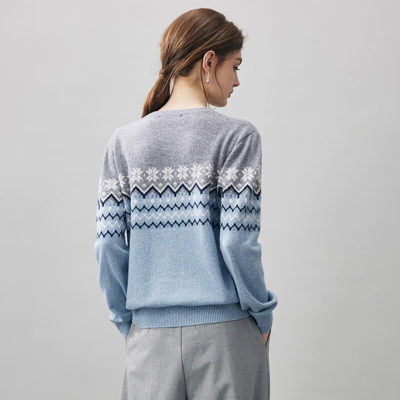 Comonboca 2025 Autumn and Winter Fair Isle Cashmere Sweater Women's Knitted Sweater Round Neck Bottoming Sweater Fantasy Blue XL