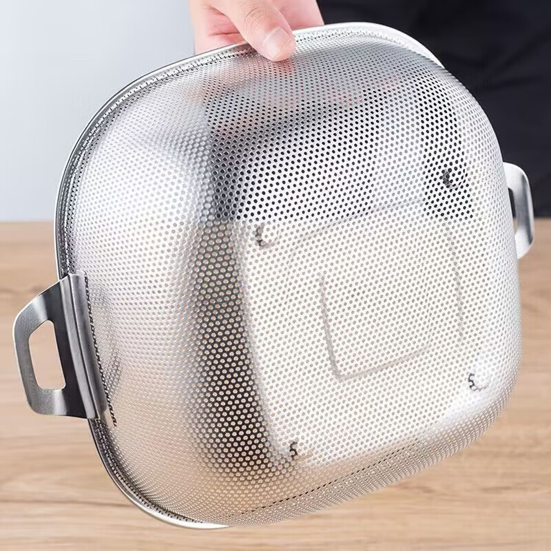 Shantou Lincun extra thick square drain basket stainless steel rice basin kitchen sink fruit basket extra thick square with ears 32cm