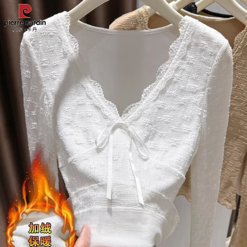 Pierre Cardin large size velvet thickened lace bottoming shirt women's fat m girl autumn and winter warm inner wear V-neck mesh long-sleeved T-shirt white velvet thickened XXS