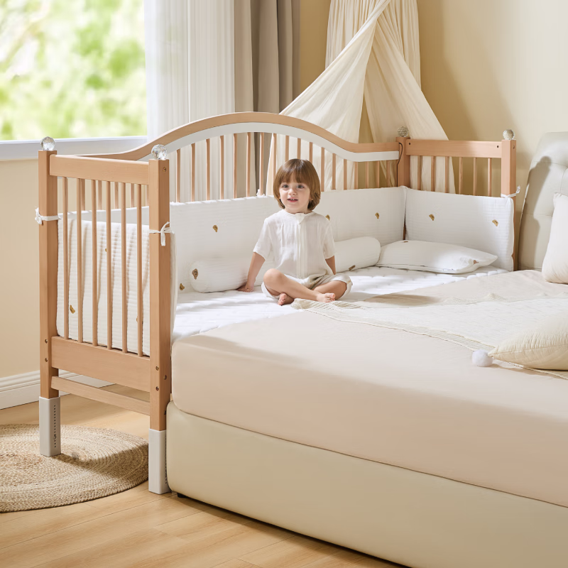 Qingqing Prairie Beech Spliced Bed Crib Solid Wood Children's Bed Widened Children's Bedside Bed Heightened Guardrail Can Lift Tail Lift Bed + 5cm Coconut Palm Mat 200*60cm All Beech