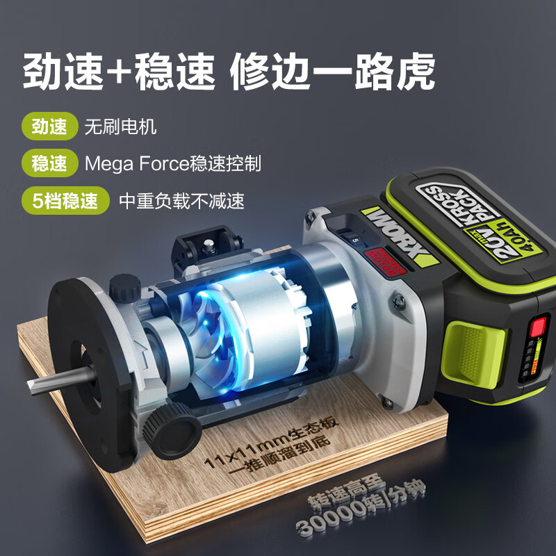WORX lithium battery brushless trimming machine small gong electromechanical wood milling board aluminum plastic board woodworking slotting artifact WU560 two batteries 4.0 + Fulimen F30 direct nail gun master