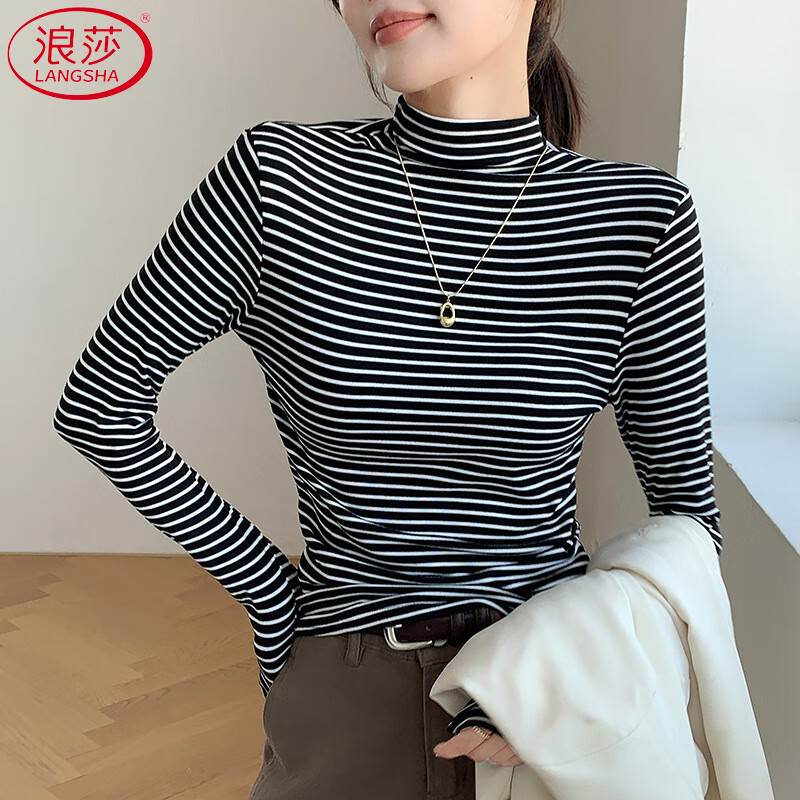 Langsha striped bottoming shirt for women winter 2025 new double-sided brushed half-high collar slim slim long-sleeved inner top