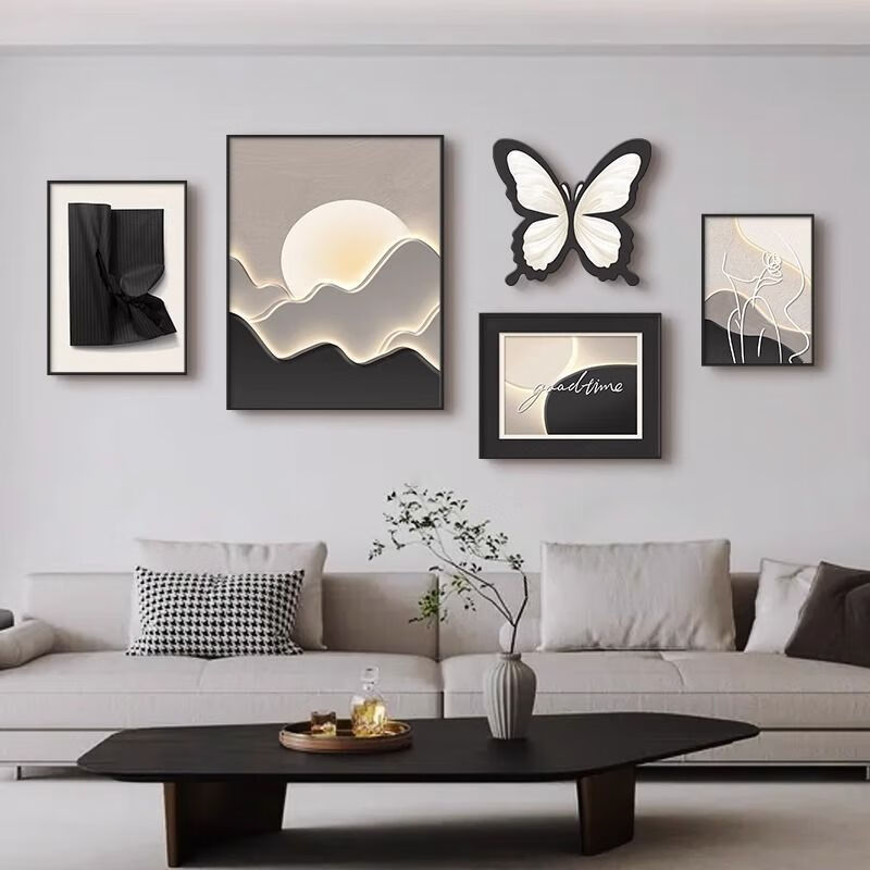 Yichao living room decorative painting modern simple light luxury high-end sofa background wall hanging painting 2026 new black and white gray mural Butterfly is Coming small set wall occupying (recommended about 2.5 meters for sofa) crystal porcelain painting/easy to take care of