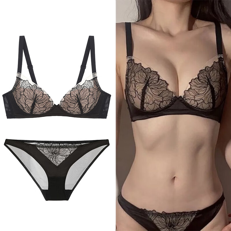 Victoria Palace Lace Bra No Wires Showing Breast Size Breast Support Push-up Breast Control Adjustable Bra Low Waist Panties Set Black L