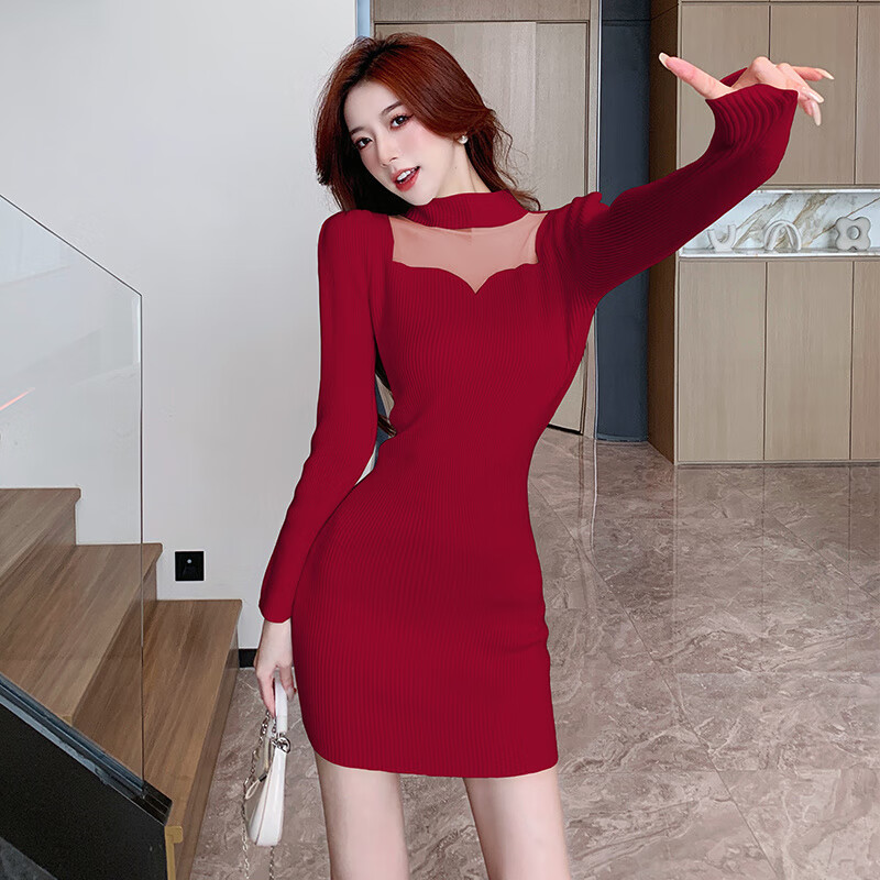 Yoekbird white knitted sweater dress for women autumn and winter 2025 new coat with bottoming slim fit hip skirt apricot style S recommended 80kg-90kg