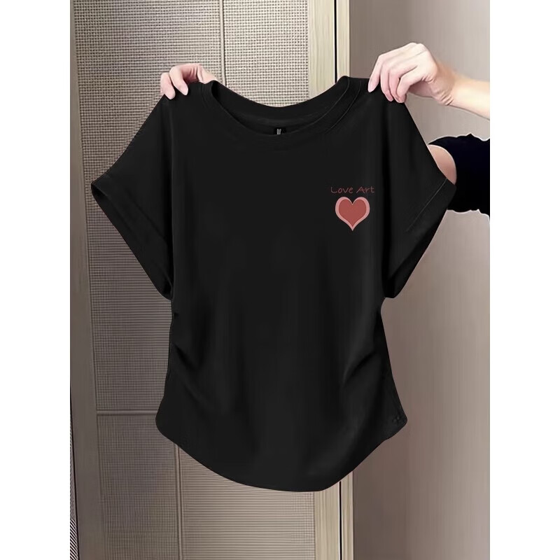 Waist slimming small flying sleeves t-shirt for women 2025 new summer bottoming shirt short-sleeved round neck curved hem top pink L recommended 101-120 catties