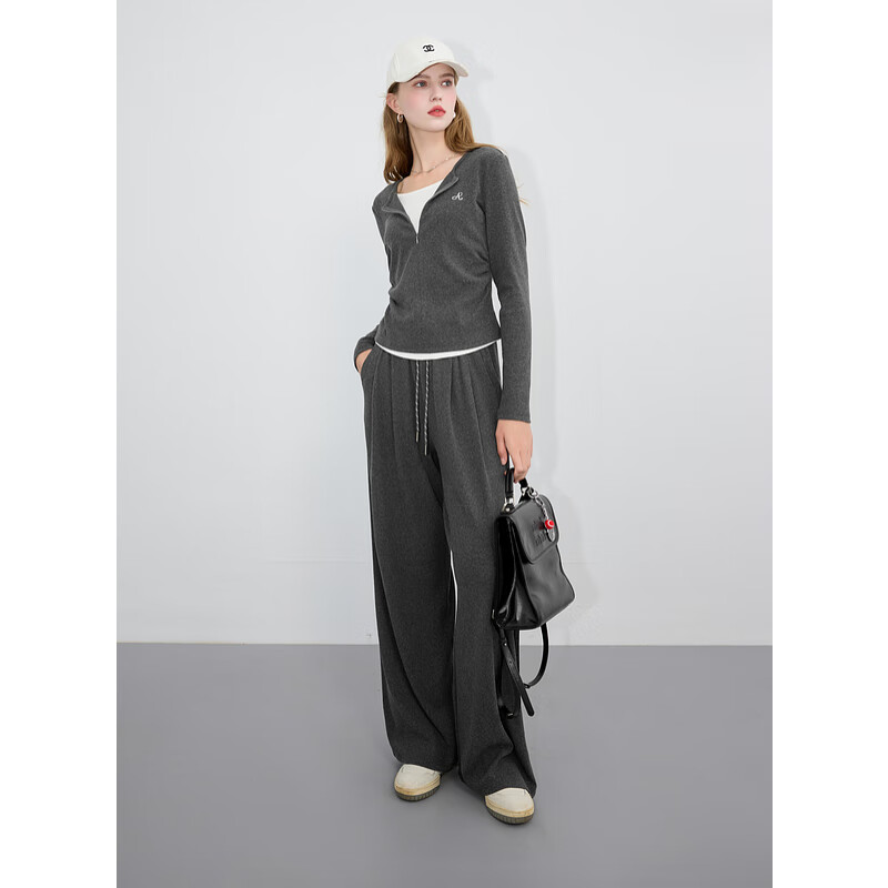 Sancai 2025 autumn new two-piece casual suit fake two-piece embroidered pullover straight pants simple M