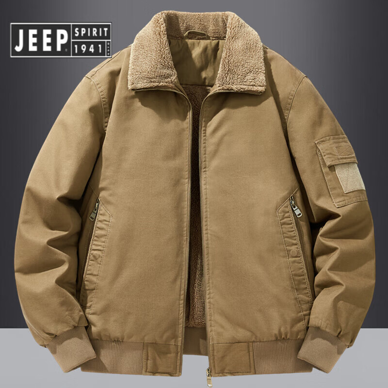 JEEP SPIRIT Jeep Air Force Pilot Jacket Men's Winter Plush Thickened Cotton Loose Men's Middle-aged Cotton Jacket Fur Collar Military Green (Dark) M (100-125 Jin)