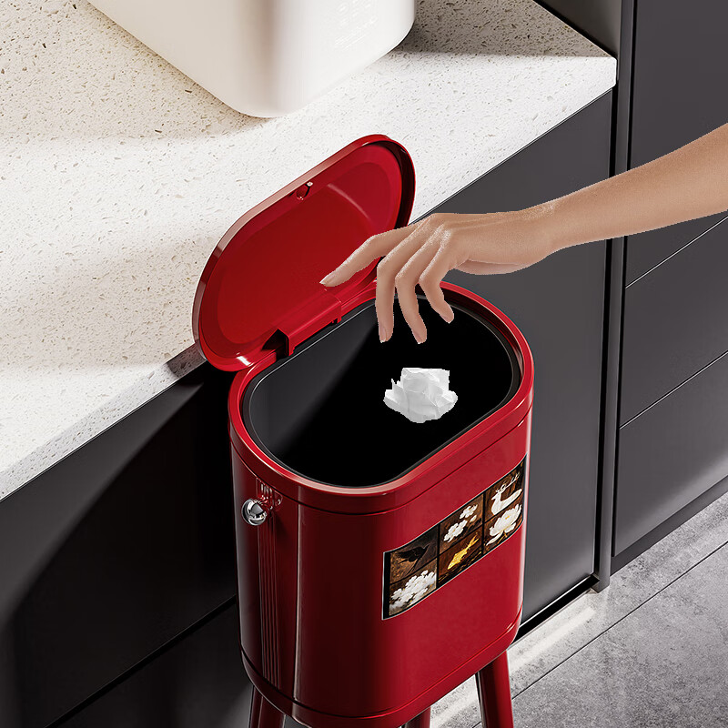 ASCOR household trash can 2025 new model without bending, high appearance, high-foot kitchen push-type large capacity with wheels, removable, cream white 16L, cat style, double buckets inside and outside | with universal wheels