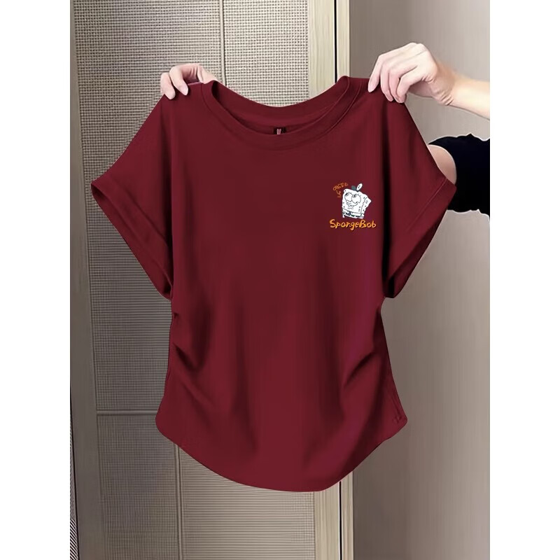 Waist slimming small flying sleeves t-shirt for women 2025 new summer bottoming shirt short-sleeved round neck curved hem top pink L recommended 101-120 catties