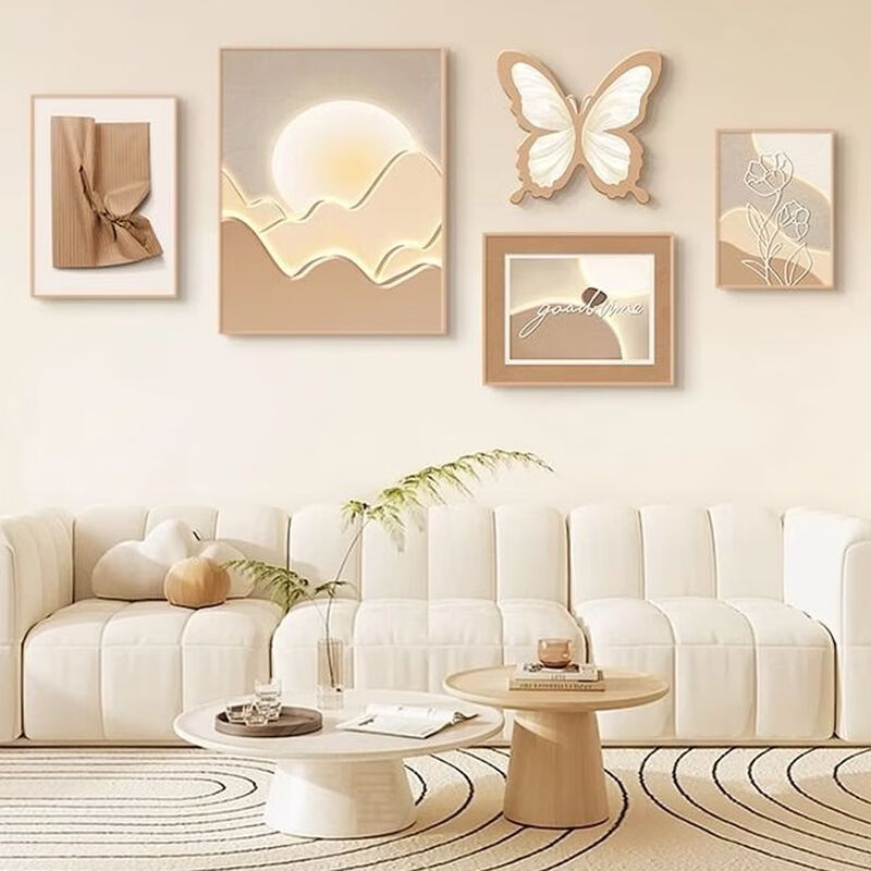 Yichao living room decorative painting modern simple light luxury high-end sofa background wall hanging painting 2026 new black and white gray mural Butterfly is Coming small set wall occupying (recommended about 2.5 meters for sofa) crystal porcelain painting/easy to take care of