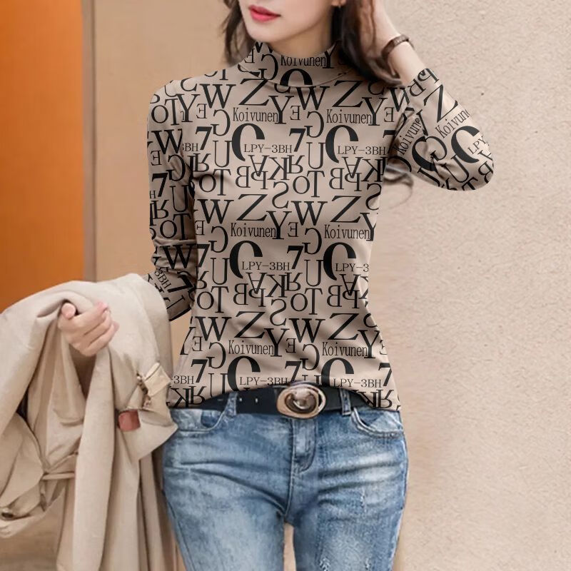 LUONI half turtleneck double-sided German velvet bottoming shirt for women in autumn and winter new style with velvet thickened warm slim fit top for women khaki D5 leopard print high quality XL recommended 120-140 pounds