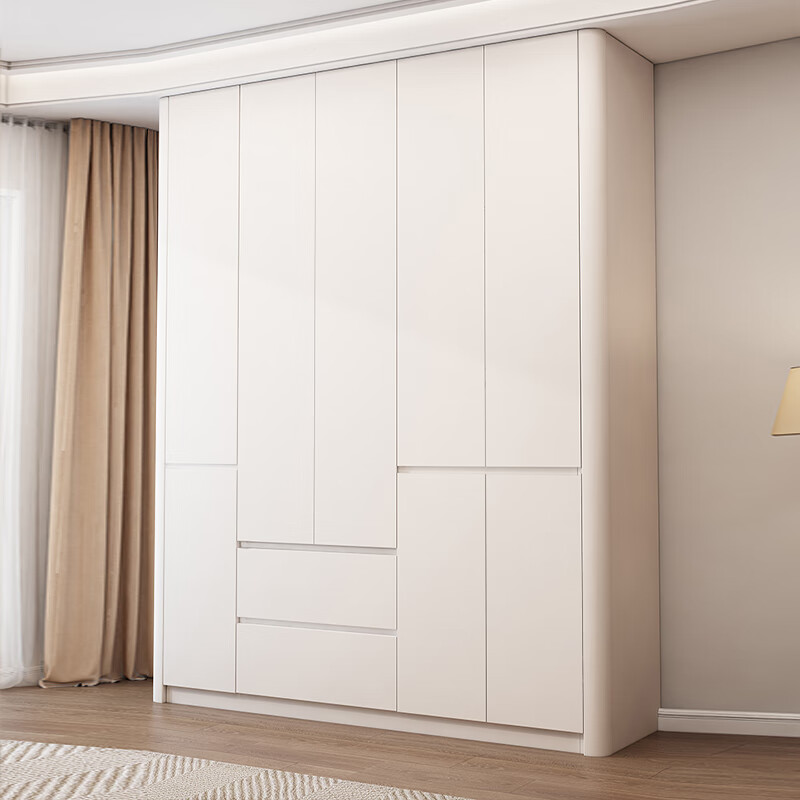 Zhuoxi ENF grade cream style wardrobe bedroom home solid wood customized arc one door to top flat door cabinet large wardrobe 2*2.4 five doors + top cabinet ENF grade solid wood