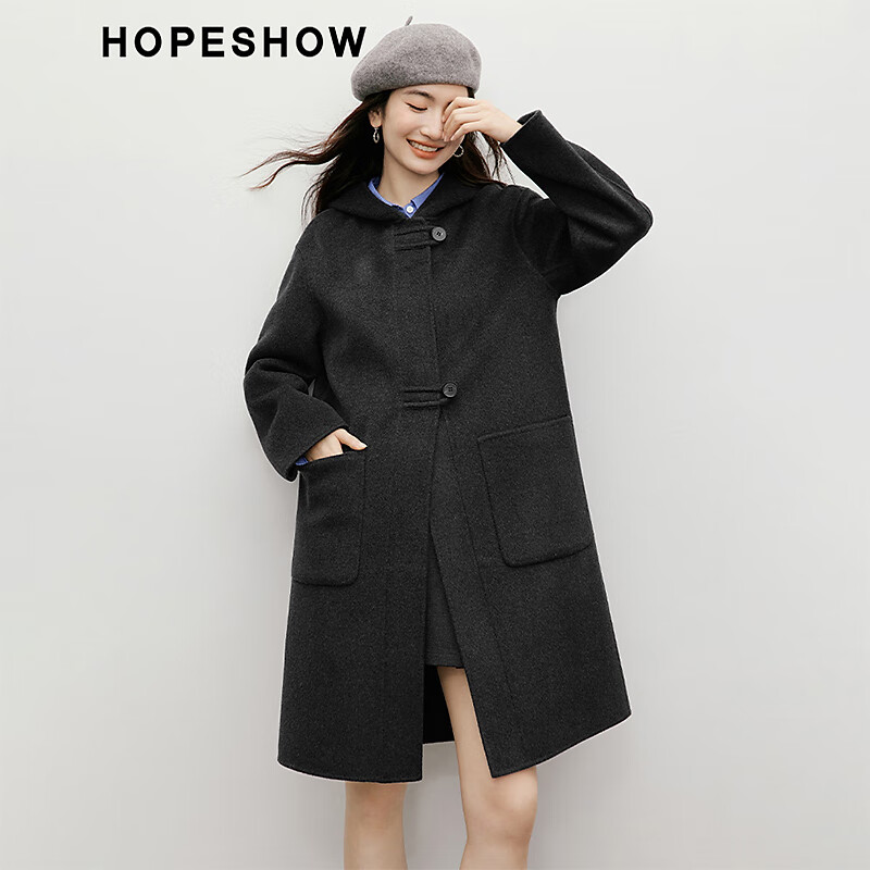 Red sleeve MIU college style woolen coat 2025 winter new women's hooded temperament mid-length double-sided woolen coat dark gray 080 XS