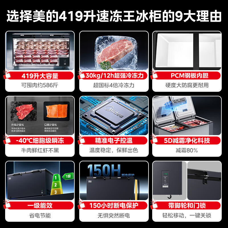 Midea 300 liters or above freezer household small freezer large capacity freezer commercial - 40 degree seafood special cabinet cryogenic quick freezer single temperature horizontal tea refrigerator freezer 419 liters newly upgraded taste and frost reduction quick freezing - 40