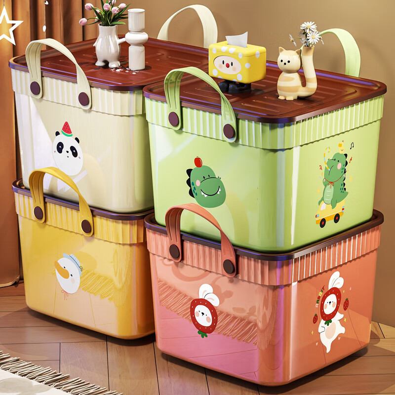 Nafenai Desktop Storage Box with Cover for Snacks and Stationery Storage and Organization Large Box Multifunctional Toys and Sundries Clothes Storage Basket Square-Small Cream Watermelon Panda Upgraded Thickening-With Cover Dustproof-With Handles.