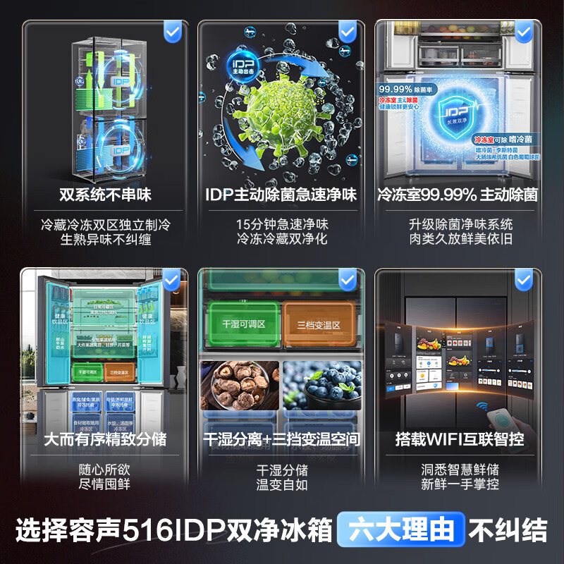 Rongsheng double-purified 516L cross-door refrigerator dual-system dual-cycle energy-efficiency air-cooled frost-free frequency conversion trade-in large-capacity gray BCD-516WD1FPA national subsidy