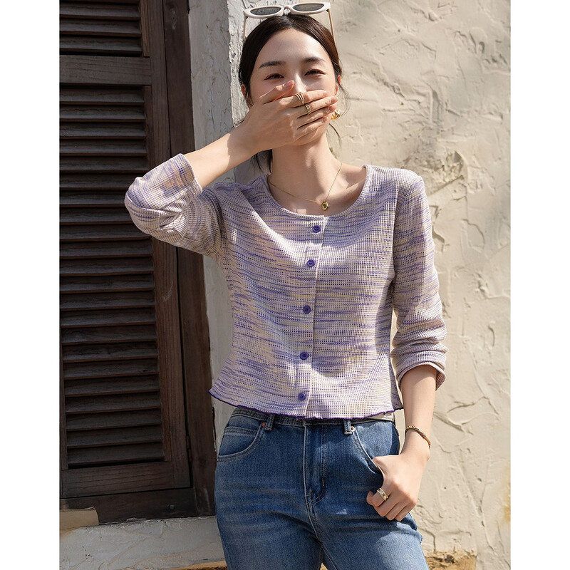 Demana Cloud Oxygen Cotton Spring Lightweight Rainbow Waffle Print Long Sleeve Layered Small Women's T-Shirt