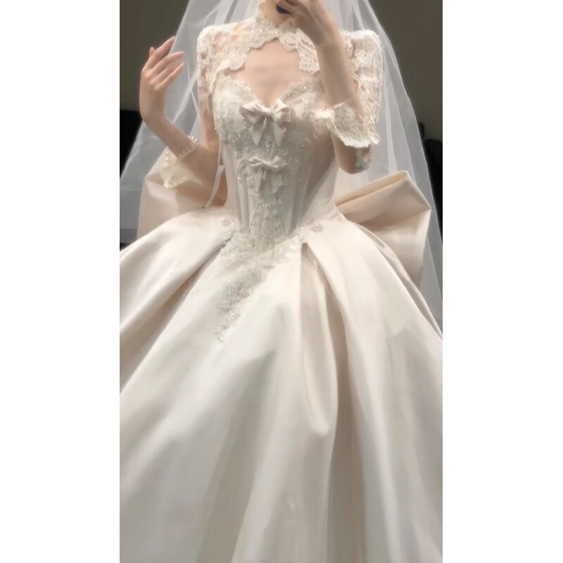 Wutuo wedding dress light gauze French satin tube top 2025 new bridal texture style small heavy industry main yarn white floor-length + vest (plus three-piece set) M