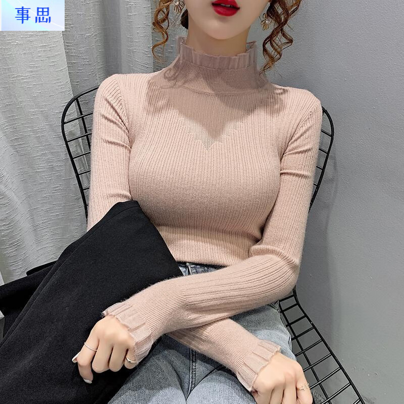 Shisi Half Turtle Collar Lace Spliced Hollow Sweater Women's Autumn and Winter New Style Slim Fit Knitted Bottoming Top for Women Apricot L