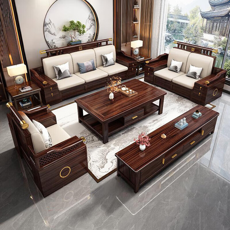 Zihua solid wood sofa, new Chinese style ebony wood single and double three-person combination, imperial concubine winter and summer dual-use living room furniture LY1002# 1+2+3+ coffee table (with drawer), storage model, cat scratching leather cushion