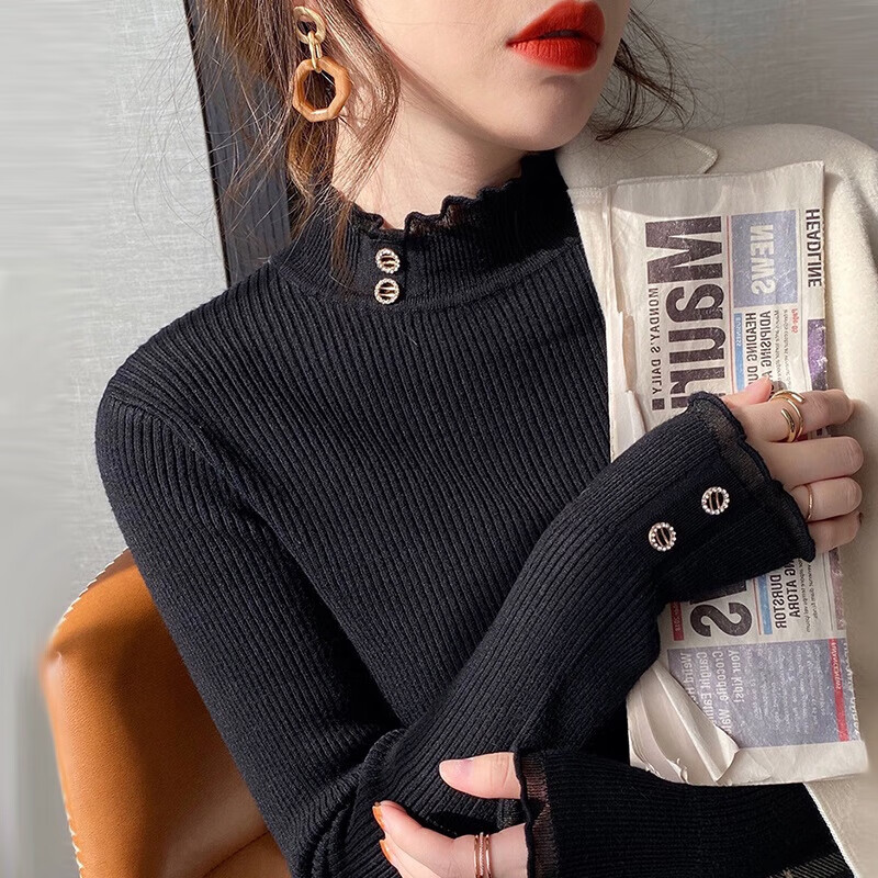 Lace half turtleneck bottoming shirt for women with knitted sweater tops slimming fungus pullover sweater MF92 apricot L Weight recommendation 110-128 pounds